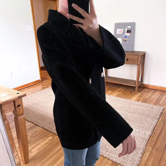 Gentle Herd 100% Wool Black Classic Bohemian Knit Collared Long Trench Coat XL - Picture 2 of 9